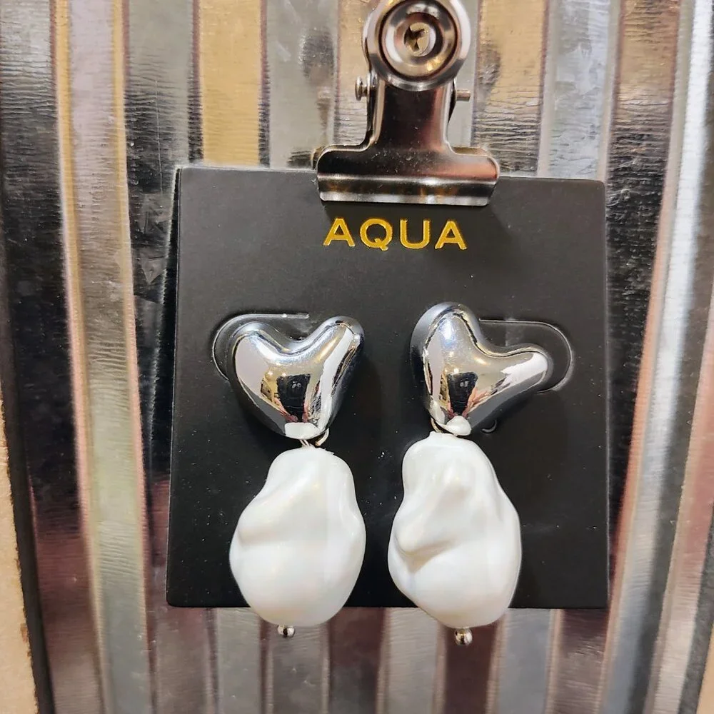 Aqua Silver Heart Rhodium Plated Imitation Pearl‎ Drop Earrings NWT